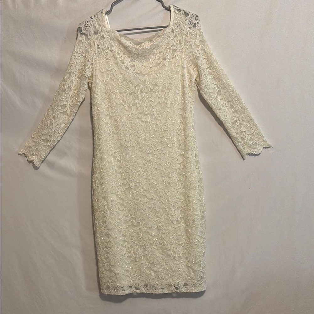 Onyx Nite Cream Cowl Neck Long Sleeve Sheath Dress